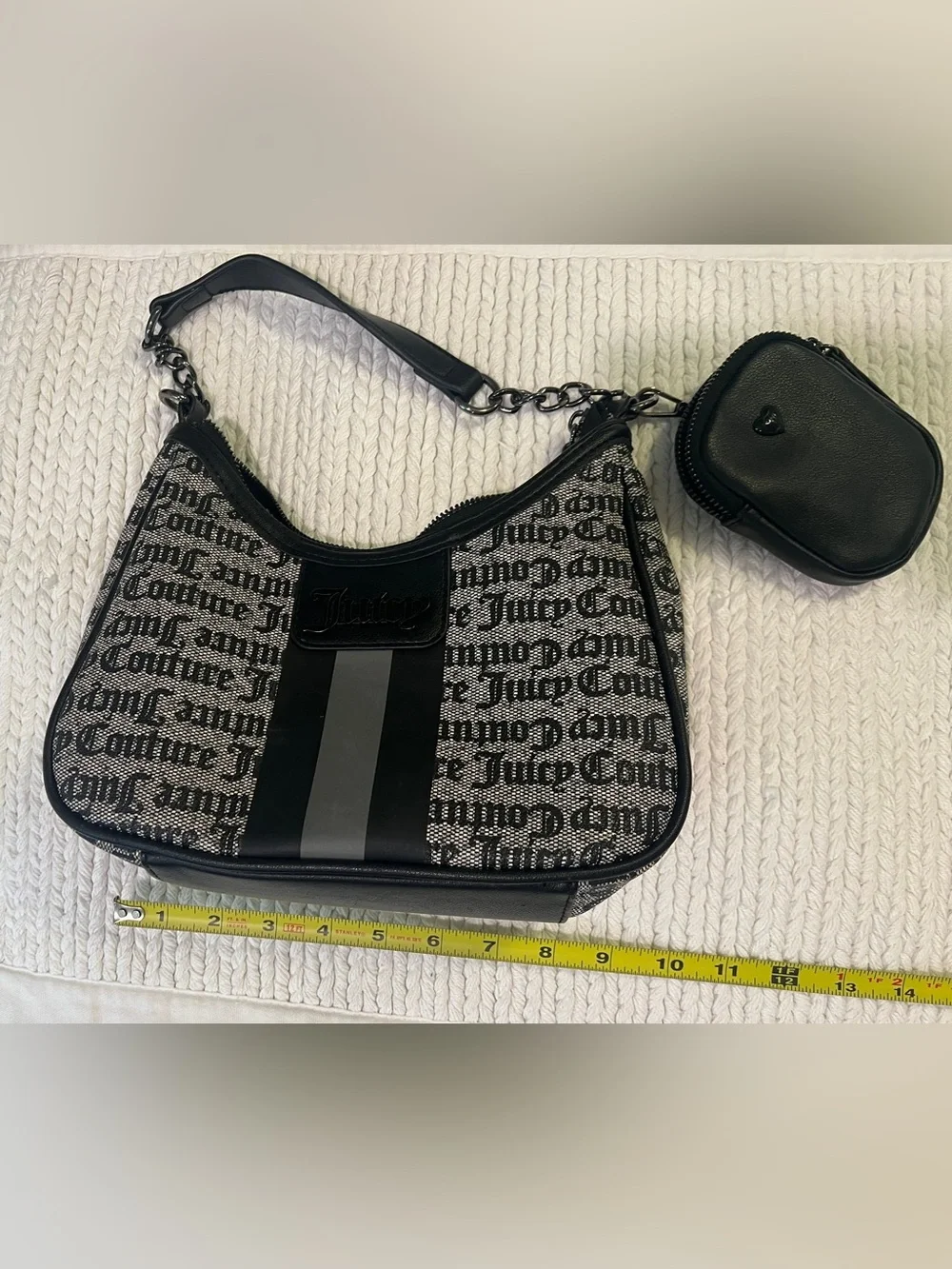Juicy Couture Black Logo Jacquard Shoulder Bag with Detachable Pouch